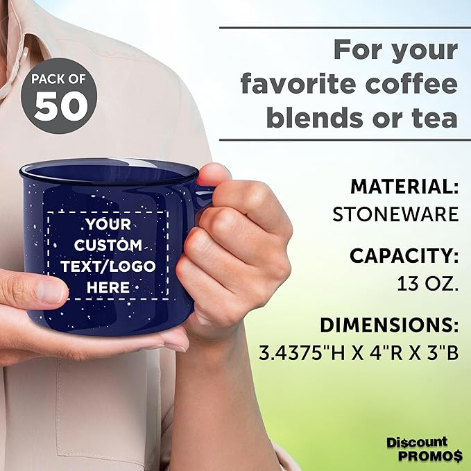 DISCOUNT PROMOS Custom Ceramic Campfire Coffee Mugs 13 oz. Set of 50, Personalized Bulk Pack - Perfect for Tea, Espresso, Cappuccino, Hot Cocoa - Blue