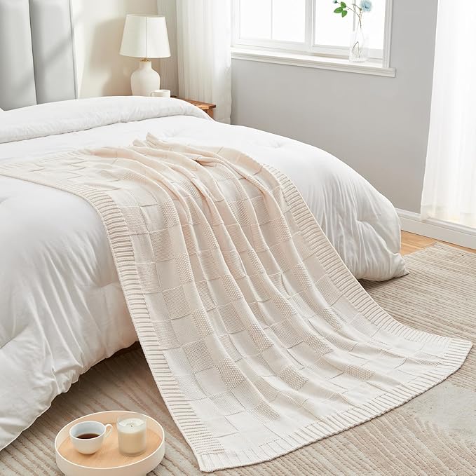 CozeCube Check Knit Throw Blanket, Cream White Checkered Throw for Couch, Decorative Christmas Soft Cozy Warm Knitted Blanket for Bed Sofa Living Room, 50"X60"