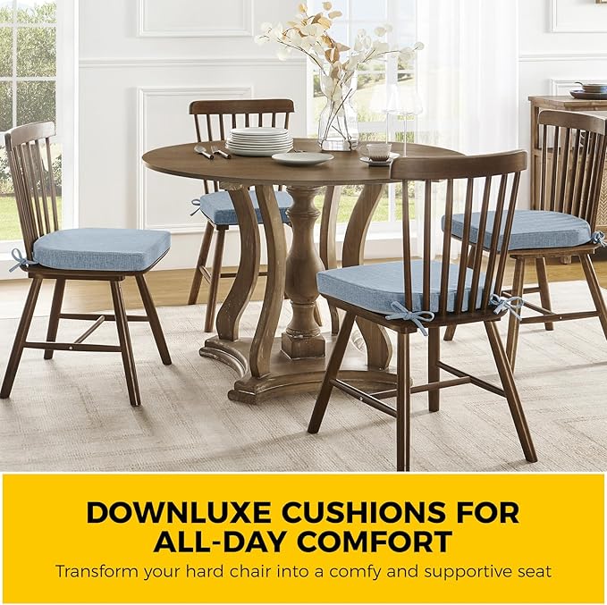downluxe Indoor Chair Cushions for Dining Chairs, Soft and Comfortable Textured Foam Kitchen Chair Pads with Ties and Non-Slip Backing, 16" x 16" x 2", Light Blue, 6 Pack