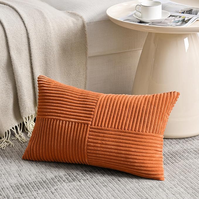 Fancy Homi 2 Packs Burnt Orange Lumbar Decorative Throw Pillow Covers 12x20 Inch for Living Room Couch Bed Sofa, Farmhouse Boho Home Decor, Soft Striped Corduroy Rectangle Accent Cushion Case 30x50 cm