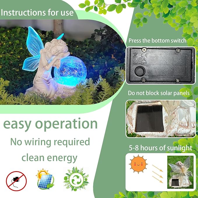 Fairy Garden Statue ，Solar Garden Decor ，Fairy Statue Outdoor with Glass Ball ，Waterproof Outdoor Decor，Suitable for Yard, Lawn ，Ideal for Holiday Giving (Left)