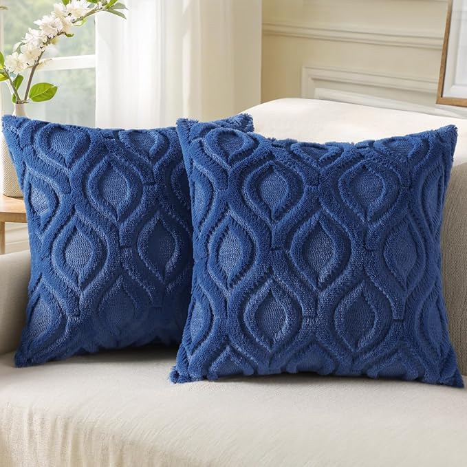 decorUhome Fall Throw Pillow Covers 20x20 Inch Set of 2, Soft Plush Decorative Faux Fur Dark Blue Solid Couch Pillow Covers, Accent Farmhouse Neutral Square Euro Pillow Cases for Sofa Bed Living Room