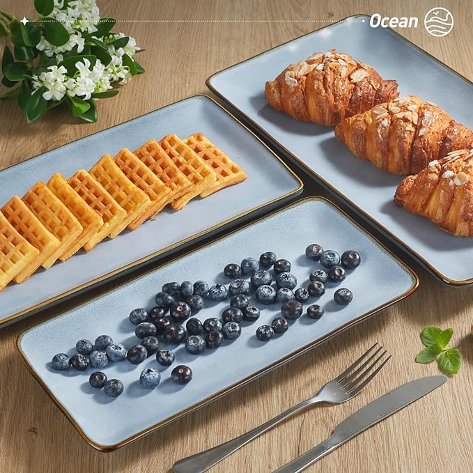 famiware Serving Platter, Rectangular 15.67/14.1/12.6inch Serving Dishes for Entertaining, Reactive Glaze, Stoneware Serving Trays for Party, Food, Turkey, Snack, Cheese, Ocean Series, Blue