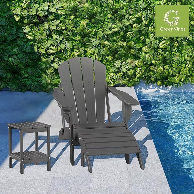 GREENVINES Adirondack-Ottoman | Set of 2 | HDPE Plastic | Outdoor Footrest | All Weather | Foot Rest | Foot Stool | Grey | for Adirondack Chair | for Patio Backyard Pool