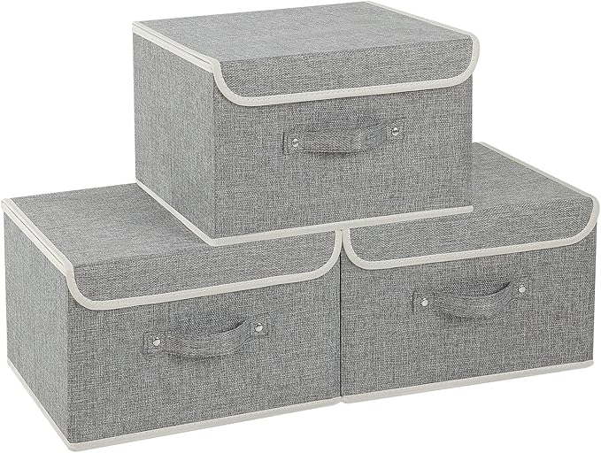 Fabric Storage Bins Cube Organizers with Flip-Top Lid and Handles,Storage Boxes for Organizing Home,Office,and Closet,Grey,3 Pack 13 X 9.1 X 7.9 in