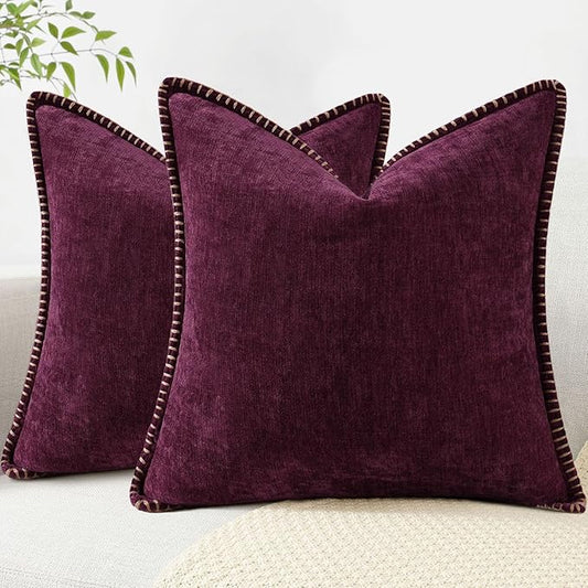 decorUhome Chenille Soft Throw Pillow Covers 18x18 Set of 2, Farmhouse Velvet Neutral Decorative Euro Pillow Covers with Stitched Edge for Couch Sofa Bed Home Decor, Rhododendron