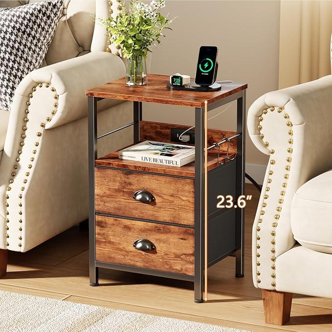 Furologee End Table with Charging Station, Nightstand with Fabric Drawers, Side Table with USB Ports & Outlets, Night Stand with Storage Shelf & Hooks, for Living Room/Bedroom, Rustic Brown