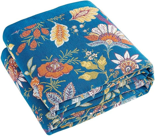 Fall Throw Blanket for Couch, Blue Boho Decorative Throw Blanket, 100% Cotton Muslin Breathable Woven Farmhouse Blankets Quilt, 60"x80" Reversible Lightweight Blankets Bohemian Throw Quilt