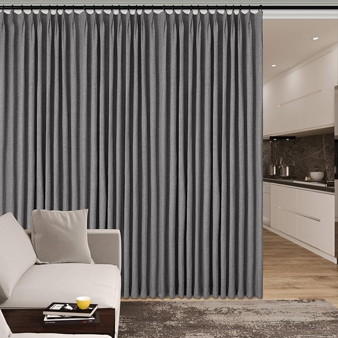 Gray Pinch Pleat 100% Blackout Drapes Linen Blend, Room Divider, Room Darkening, Energy Saving, Furniture Protecting, Light Blocking Extra Wide Privacy Curtains, 200Wx108L, 1 PC