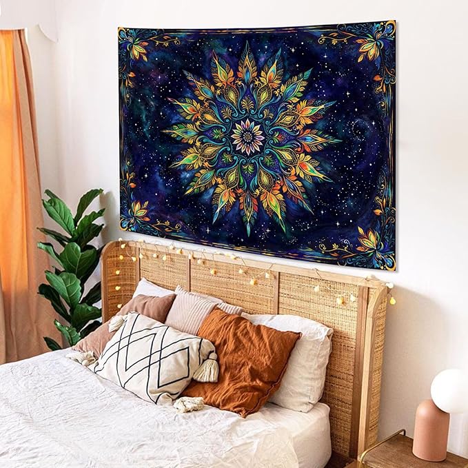Fowocu Boho Floral Mandala Tapestry for Bedroom Aesthetic Blue Bohemian Colorful Flower Wall Tapestry Purple Hippie Indian Small Tapestries Wall Hanging for Living Room Dorm Decor 40 x 30 Inch