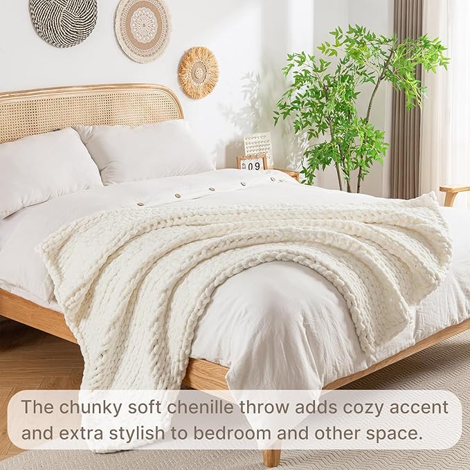 Chunky Knit Blanket Throw, 100% Hand Knit Throw Blanket Handmade Chenille Cable Knit Throw for Couch, Stylish Cozy Soft Rope Knot Crochet Blanket for Home Decor, Ivory, 60x80 Inches