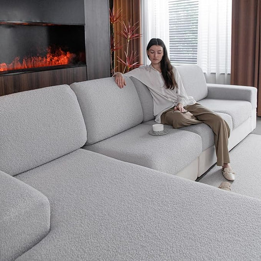 Couch Cushion Covers for Sectional Sofa, Stretch Soft Sofa Slipcovers Washable Wear-Resistant Universal Furniture Protector for Living Room(3 Seaters Covers+1 Chaise Cover, Light Gray)