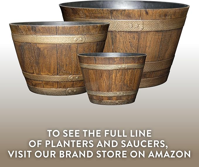 Classic Home & Garden Whiskey Barrel Planters - Wooden Finish Flower Planter Pot - Stylish Garden Pots - Indoor & Outdoor Resin Planters - Weather-Resistant Planting Pots (9" Oak Brown, Pack of 1)