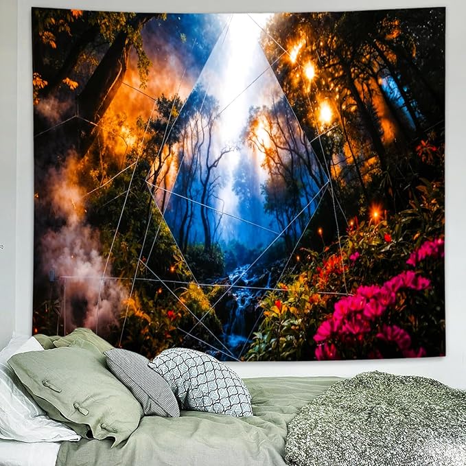 Delur Forest Tapestry Tree of Life Misty Tropical Rainforest Tapestry Wall Hanging Mystical Colorful Spiritual Psychedelic Nature Landscape Headboard for Bedroom Living Room Home Decor (59.1" x 78.7")