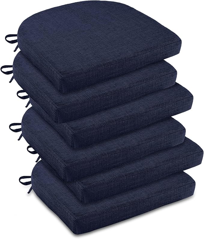 downluxe Indoor Chair Cushions for Dining Chairs, Soft and Comfortable Textured Foam Kitchen Chair Pads with Ties and Non-Slip Backing, 16" x 16" x 2", Navy, 6 Pack
