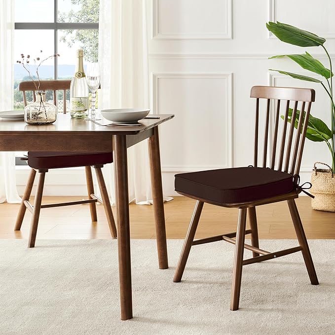 downluxe Chair Cushions for Dining Chairs, Waterproof Kitchen Chair Pads, Non-Slip Dining Seat Cushion with Ties, 17" x 16" x 2.5", Brown, 6 Pack