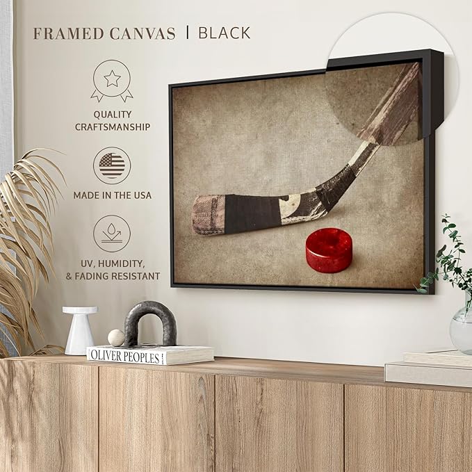 Elephant Stock Vintage Ice Hockey Wall Art - Horizontal Framed Canvas - 1-Piece Hallway Wall Decor - Photography Sports Canvas Print - Brown and Beige Decor for Wall - 13" X 9"