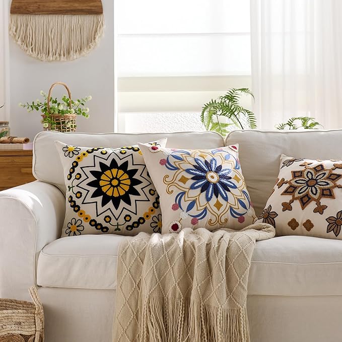 Embroidered Throw Pillow Cover 18x18 Classic Boho Floral Pattern Pillows Cover Outdoor Decorative Pillowcase,Durable Cozy Textured Cushion Case for Sofa Couch Bed Living Room,Black Orange