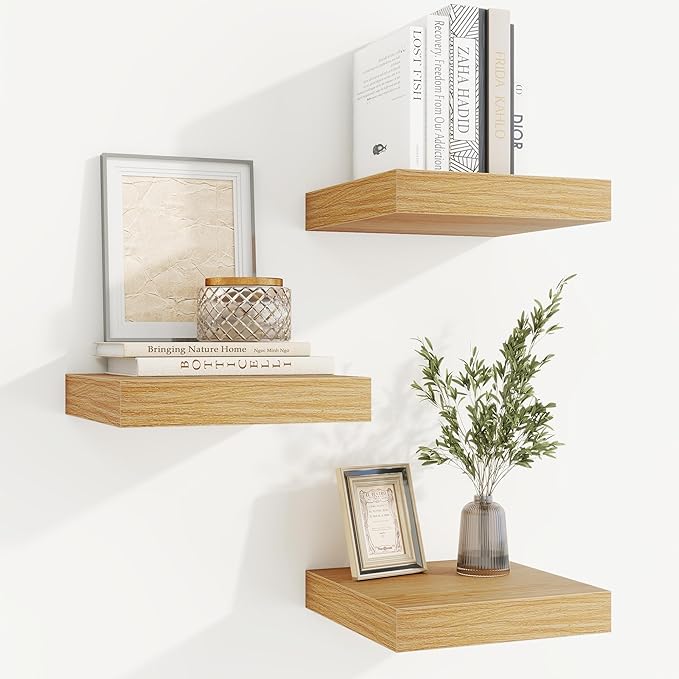 fuqing Floating Shelves for Wall, Bathroom Shelf Wall Mounted for Storage, Shelves with Invisible Bracket for Bedroom, Kitchen, Living Room, Farmhouse Small Book Shelf, 6.5 Inch Set of 3, Oak
