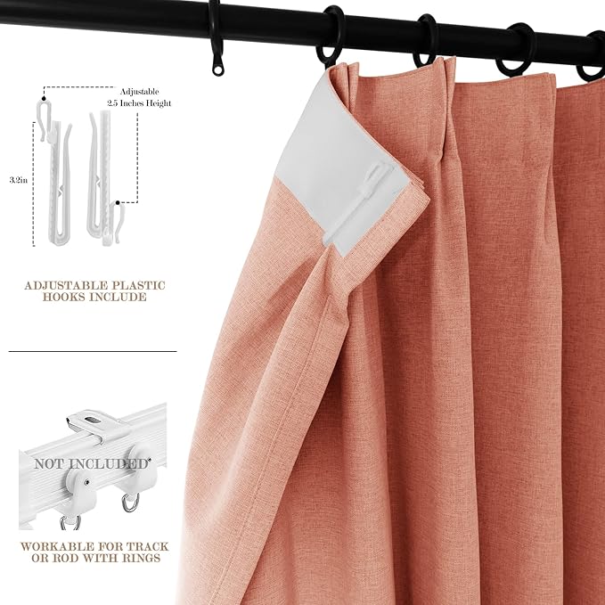 100" W x 96" L Faux Linen Room Divider Curtains, Full Blackout Pinch Pleated Drapes for Traverse Rod, Bedroom Divider Privacy Drapery with Hooks for Ceiling Track, 1 Panel, Orange