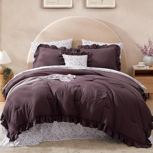 Full Comforter Set - 7 Pieces Ruffle Purple Bedding Sets, Shabby Chic Farmhouse Bed in a Bag Full with Ruffle Comforter, Floral Sheets, Pillowcases & Shams