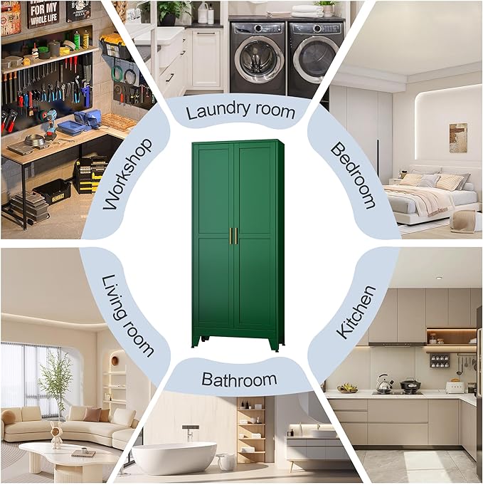 Green Metal Storage Cabinet,75" Steel Cabinets for Home Office, Kitchen Pantry Storage Cabinet with Doors and 5 Adjustable Shelves, Tool Cabinets, for Office, Home, Garage, School