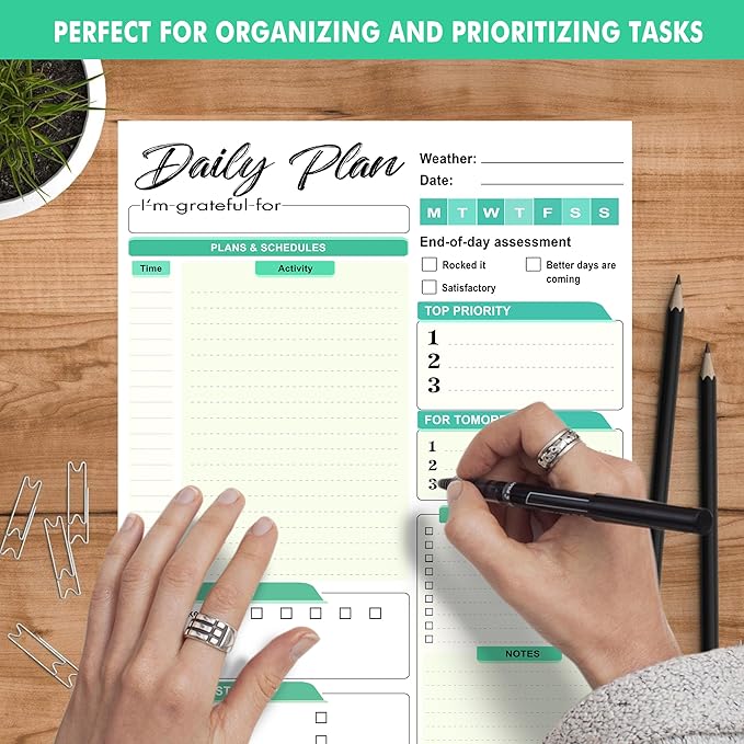 Daily Plan Notepad, 52 Sheets 8.5" X 11.5" Daily for To-Do Lists, Habit Tracking, Academic Scheduling, and Productivity Goals - Perfect for Work, Home, and Office Organization - Turquoise Style