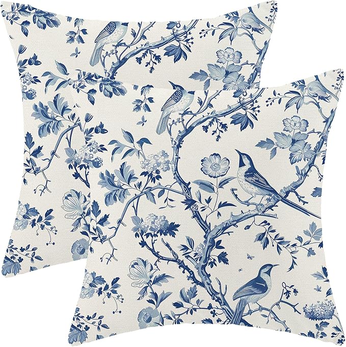 CXMEIFLY Spring Floral Pillow Covers 18 x 18 Inch Set of 2 for Navy Blue Chinoiserie Flowers Bird Decor Throw Pillows Vintage Plant Outdoor Decorative Cushion Cases for Couch Bed Decorations