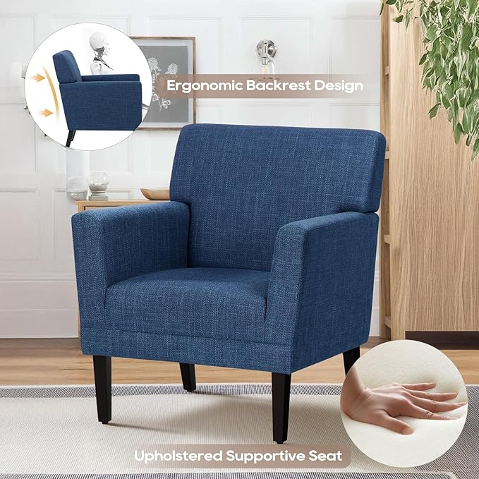 COLAMY Modern Accent Chair for Living Room, Upholstered Fabric Accent Armchair with Back, Soft Single Sofa Chair with Arms for Bedroom/Office/Reception Room, Blue
