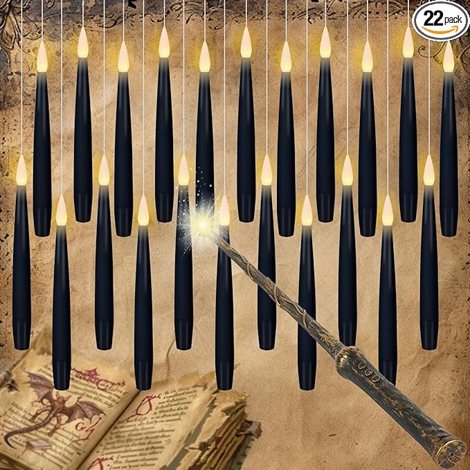 GenSwin 22pcs Flameless Floating Candle with Magic Wand Remote Timer, Battery Operated Hanging Window Candles Flickering, 6.1" LED Electric Candles for Christmas Halloween Decorations(Black)