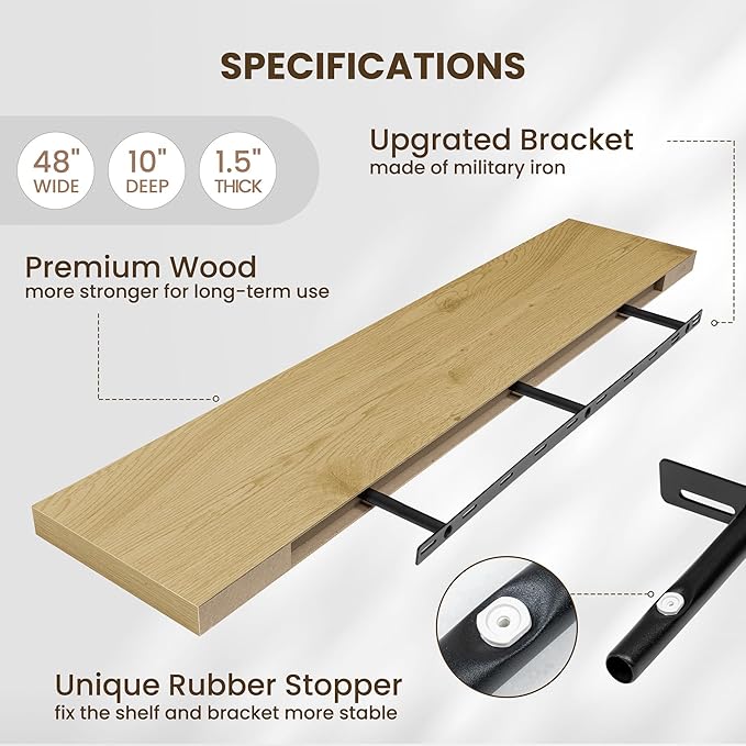 Fun Memories 48 Inch Floating Shelves for Wall - 10 Inch Deep Fireplace Mantel Shelf - Wood Floating Shelves for Wall - Large Storage Shelves Wall Mount for Living Room & Bedroom - Oak - Set of 1