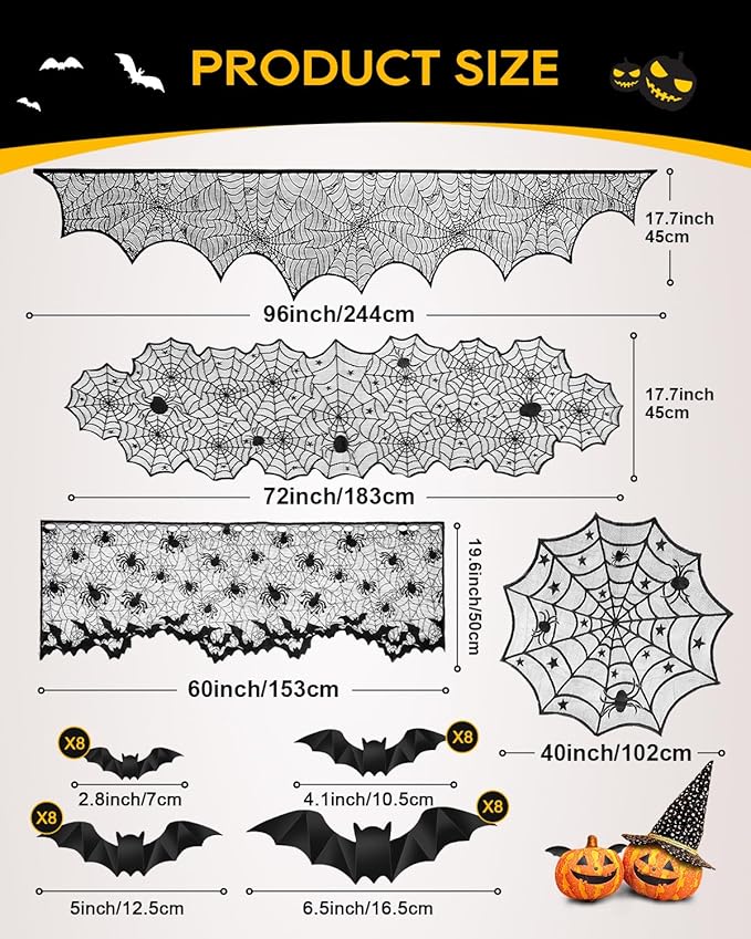 eZAKKA 5 Pack Halloween Decorations Indoor Halloween Spider Web Tablecloth Table Runners Fireplace Mantel Scarf Cobweb Lampshade Scary 3D Bats for Parties Gothic Spooky Home Decoration