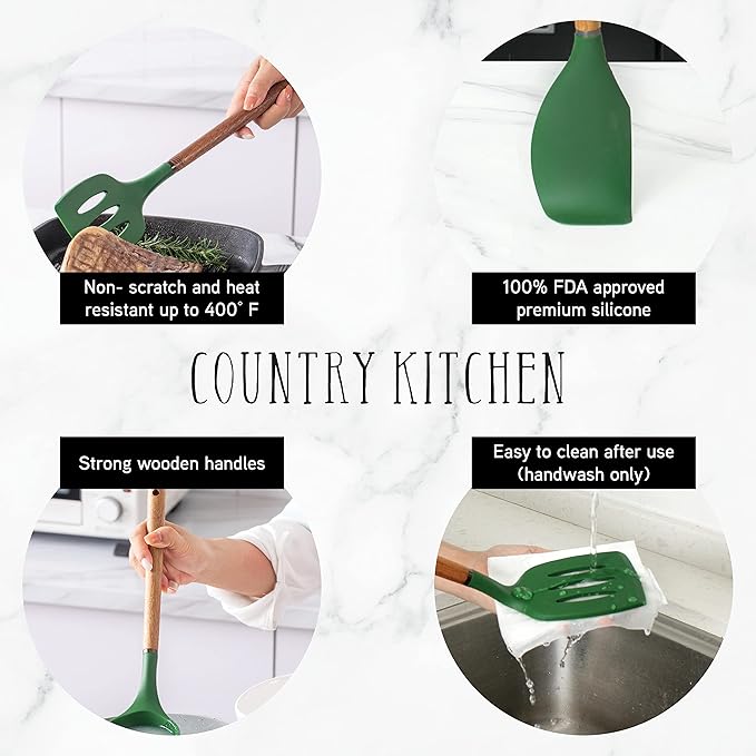 Country Kitchen Non Stick Silicone Utensil Set with Rounded Wood Handles for Cooking and Baking, 8 Piece Set, Green