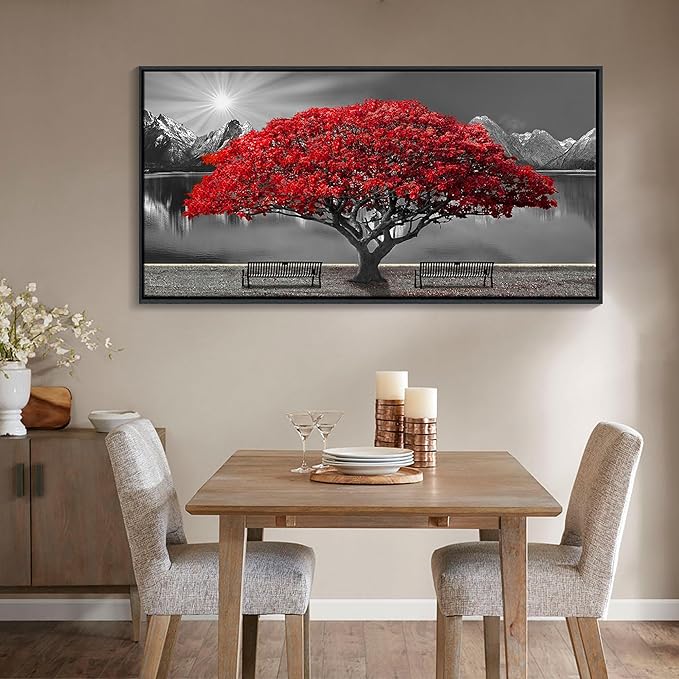 Framed Black and White Red Tree Wall Art Canvas Print Picture Large Red Tree Landscape Modern Artwork for Living Room Bedroom Office Home Wall Decor With 24X48inch