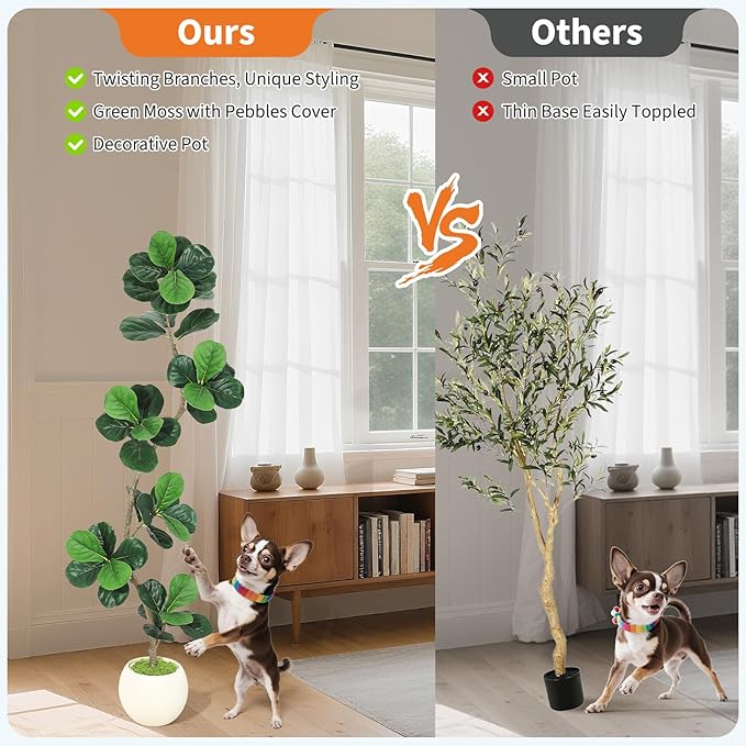 GarveeHome Fiddle Leaf Fig Artificial Tree with White Planter,6ft Faux Plants Indoor with Moss, Fake Rubber Tall Fake Floor Plant in Pot - Artificial Trees for Home Office Living Room Decor