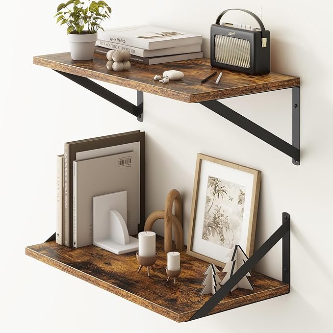 Fun Memories 20 Inch Floating Shelves, Deep Wall Shelves for Kitchen, 20 x 10 Floating Shelf for Living Room, Bedroom, Farmhouse Floating Shelves for Home Decor Storage, Rustic Brown, Set of 2