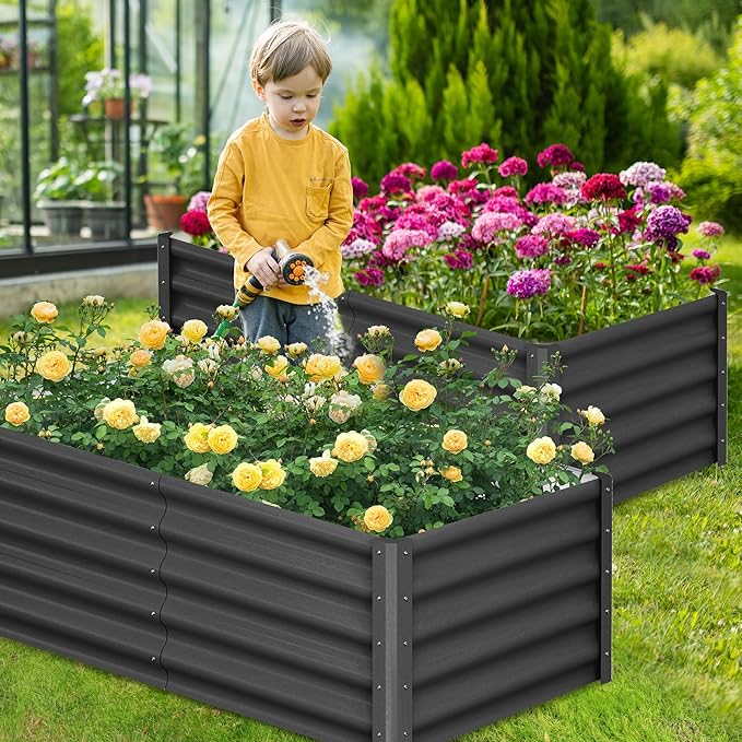 Galvanized Raised Garden Bed Outdoor, 2 Pcs 6x3x1.5FT Outdoor Large Planter Raised Beds Open Base with Safety Edge and Glove for Vegetables Flowers Ground Planter, Dark Grey