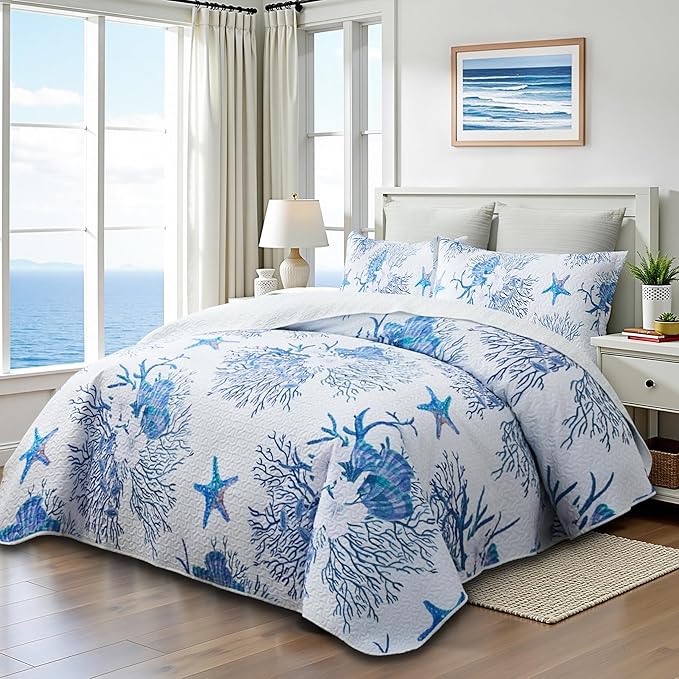 Coastal Bedding King Size Coastal Quilt with 2 Shams, Nautical Beach Comforter Sets Ocean Bedspreads Blue Starfish Coverlet Summer Bedding, 96''x106''