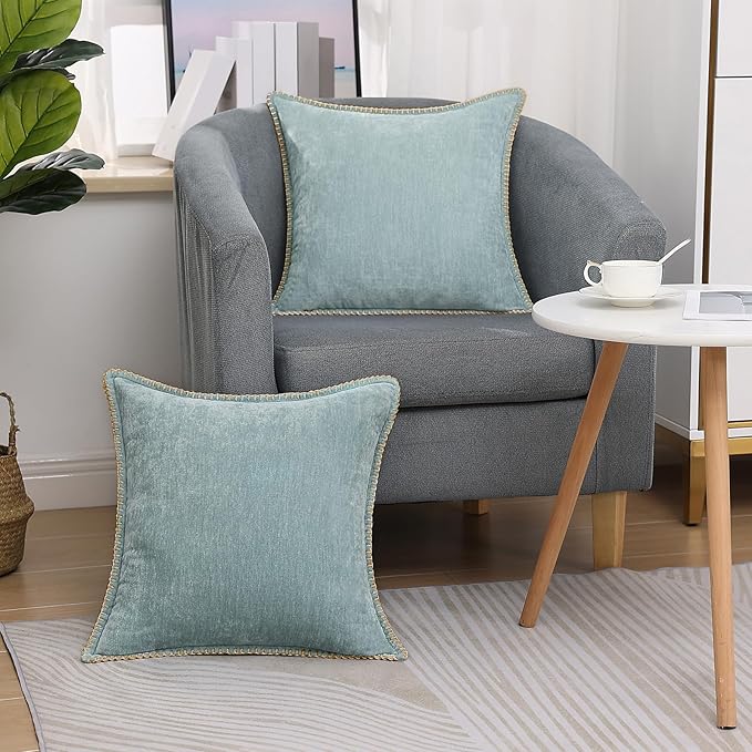 decorUhome Chenille Soft Throw Pillow Covers 16x16 Set of 2, Farmhouse Velvet Neutral Decorative Euro Pillow Covers with Stitched Edge for Couch Sofa Bed Home Decor, Aqua Haze
