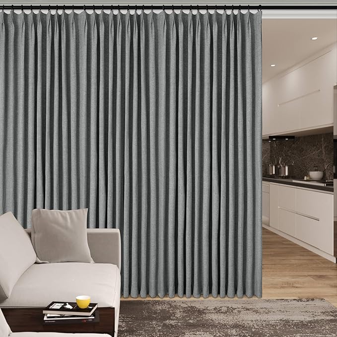 Full Blackout Privacy Curtains, 240 Inch Extra Wide Linen Blend Drapes, Pinch Pleat Window Drapery for Room Divider Storage/Space Room Separation, 1 Panel, W 240" x L 96", Mid Grey
