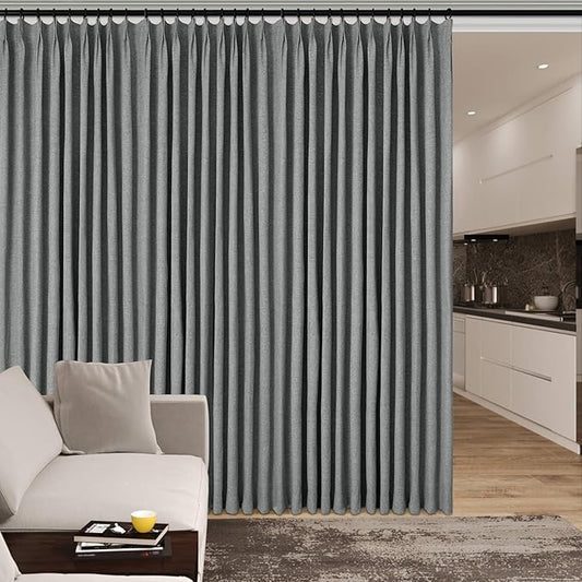 Full Blackout Privacy Curtains, 240 Inch Extra Wide Linen Blend Drapes, Pinch Pleat Window Drapery for Room Divider Storage/Space Room Separation, 1 Panel, W 240" x L 102", Mid Grey