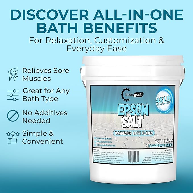 Epsom Salt Bath Soak 45 lb Bucket – Unscented, Pure Epsom Salt Bulk Crystals, Magnesium Sulfate for Full Body or Foot Soaks, Resealable Container with Scoop for Home Bath Use