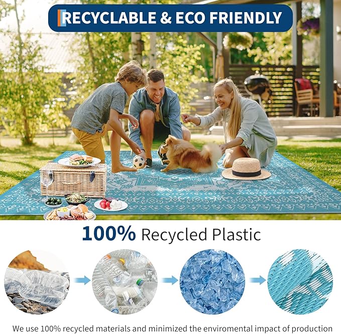 GAOMON Outdoor Rug Waterproof 9x18 Reversible Plastic Straw Rug, Large Rugs for Patio UV-Resistant Portable RV Camping Mats, Indoor Outdoor Medallion Carpet for Deck Porch Garden, Light Blue