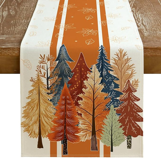 GEEORY Fall Watercolor Trees & Maple Leaves Striped Table Runner 13x90 Inch, Rustic Farmhouse Autumn Thanksgiving Decor for Kitchen, Dining, Indoor/Outdoor Holiday Dinner Party Orange GT157-90