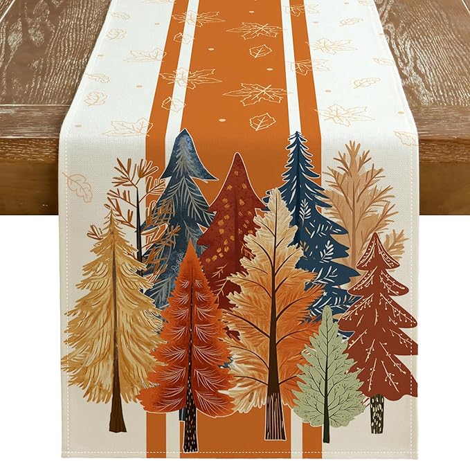 GEEORY Fall Watercolor Trees & Maple Leaves Striped Table Runner 13x72 Inch, Rustic Farmhouse Autumn Thanksgiving Decor for Kitchen, Dining, Indoor/Outdoor Holiday Dinner Party Orange GT157-72
