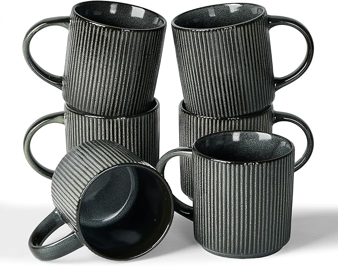 famiware Coffee Mug Set for 6, Star 12 oz Catering Mugs Cup Set with Handle for Coffee, Tea, Cocoa, Milk - Ceramic Stoneware Drinkware Set, Deep Forest