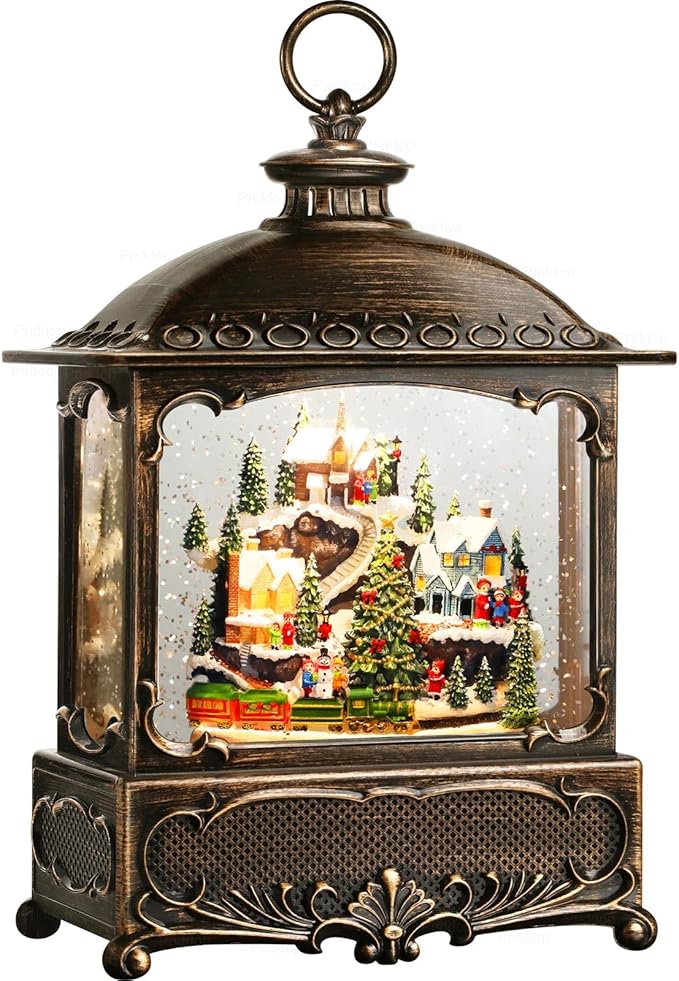 Christmas Snow Globe Lantern Christmas Decorations Gifts Snowy Village Scene Snowman Church Cabin Train Musical Glitter Snowfall USB/Battery Timer 12 inch