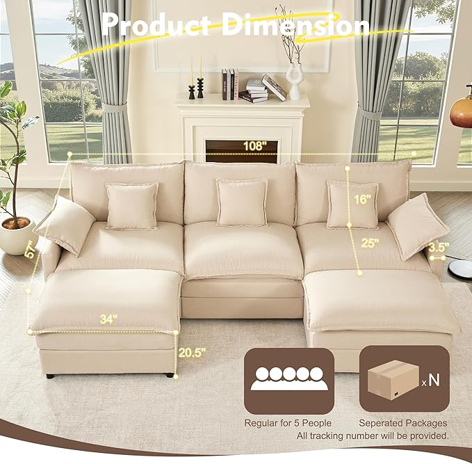 108" U Shaped Couch, Modular Sectional Sofa, 3-Seater Comfy Cloud Couch with Movable Ottoman, Deep Seat Couches for Living Room, Linen, Beige