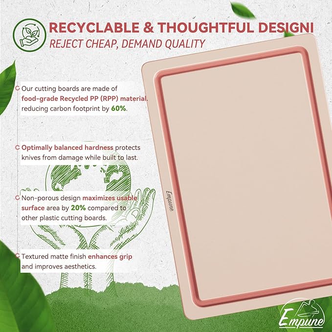 Empune Plastic Cutting Board Set, Recycled Plastic Cutting Boards for Kitchen (Set of 3), Dishwasher Safe Large Chopping Board with Holder, Non-slip Feet and Juice Grooves, Nonporous, Pink