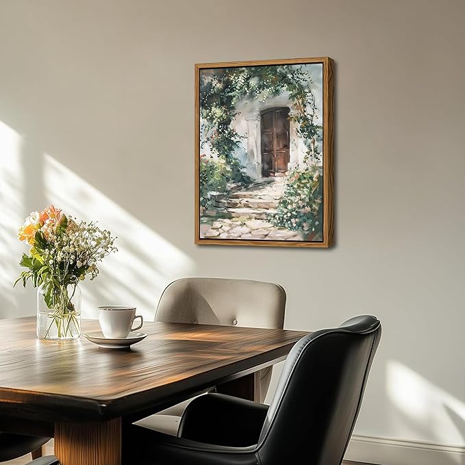 Floating Framed Canvas Vintage Wall Art, Rustic Cottage Spring Garden Oil Paintings Print, Country Floral Pictures Wall Decor for Living Room Bedroom Office Home Decor 16x24 inch